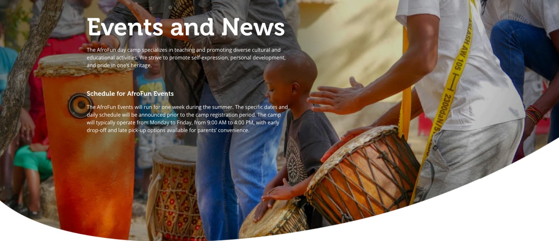 AfroFun Camp website — Events and News page