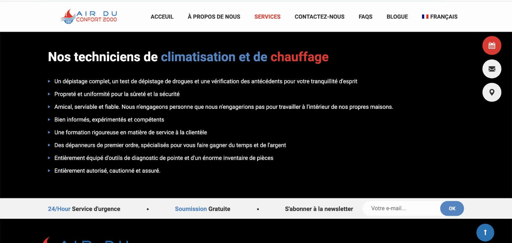 Air du Confort 2000 website, technician trust section and newsletter footer