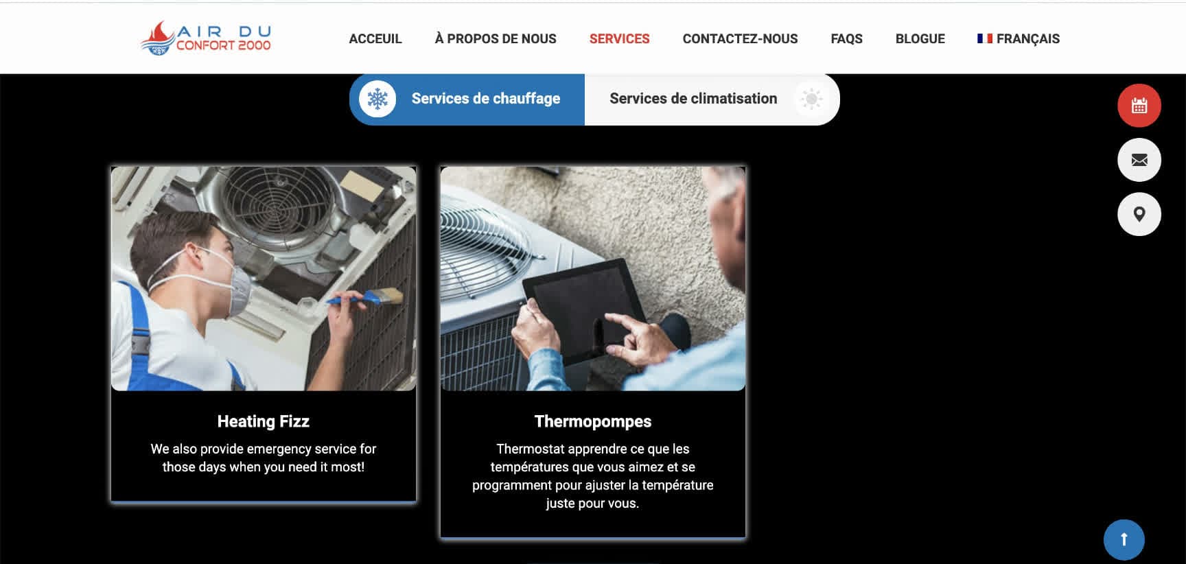 Air du Confort 2000 website, heating and cooling service cards
