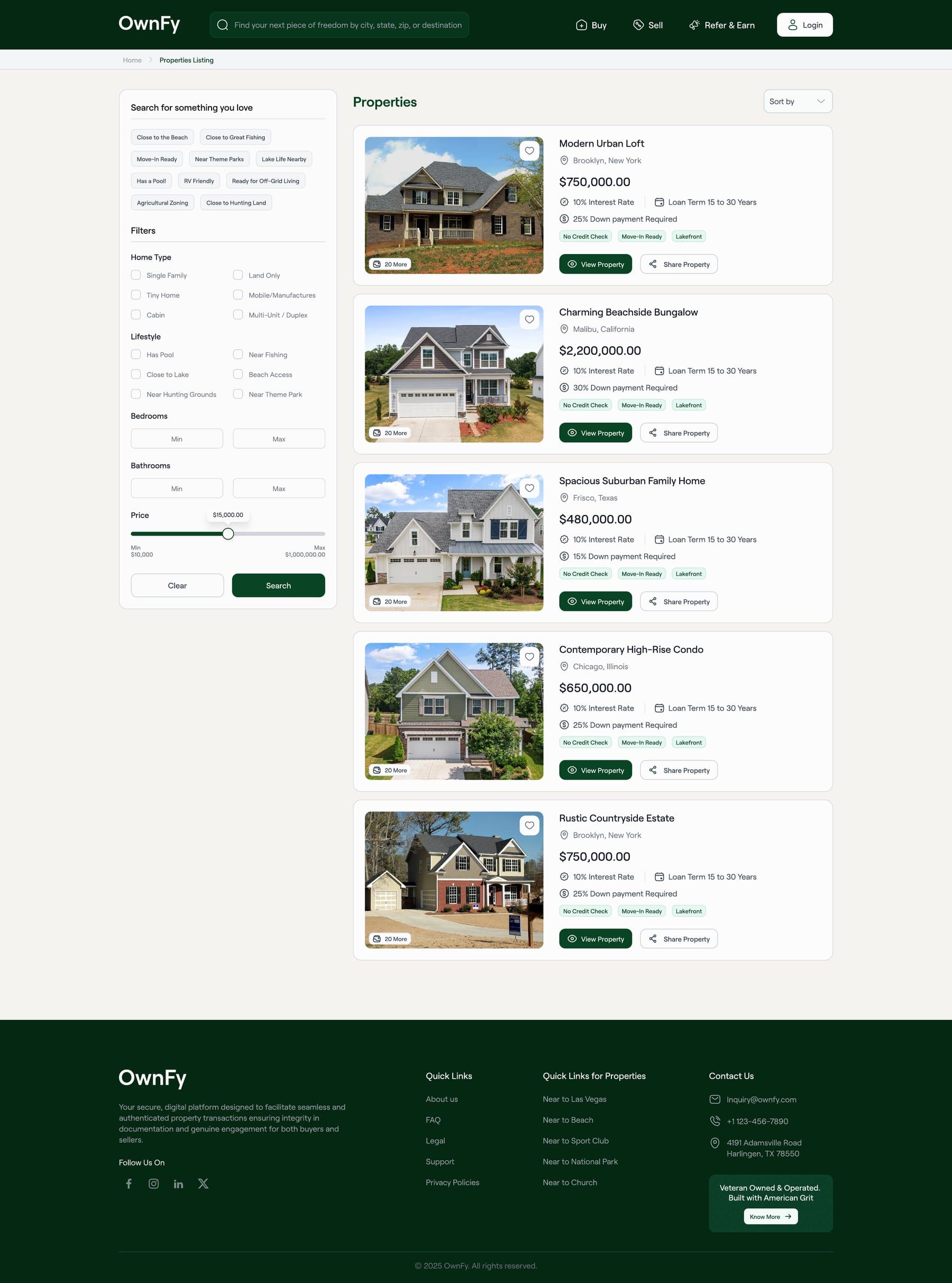 OwnFy properties listing page with filters