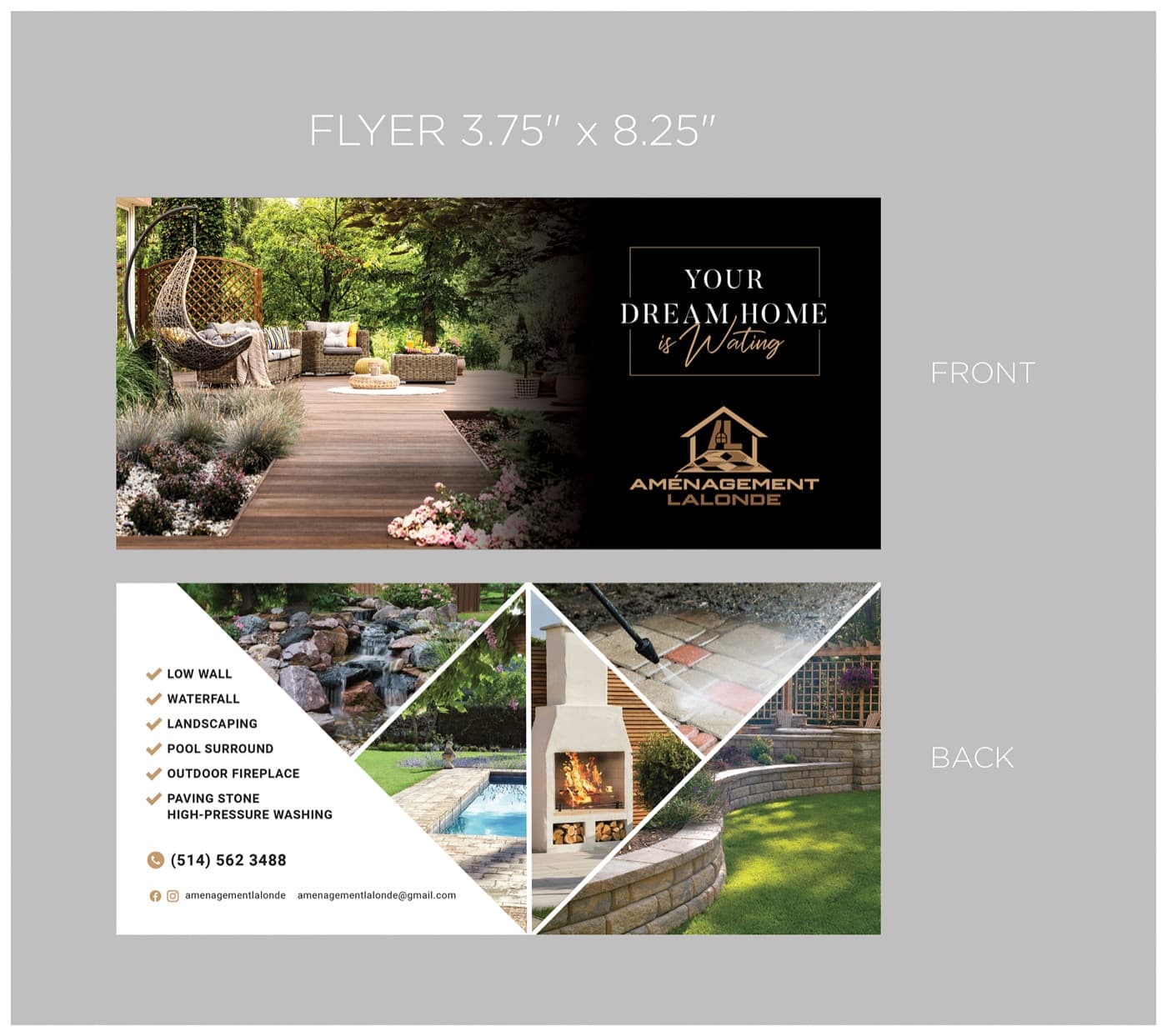 Rack-card flyer, front and back, built around real project photography