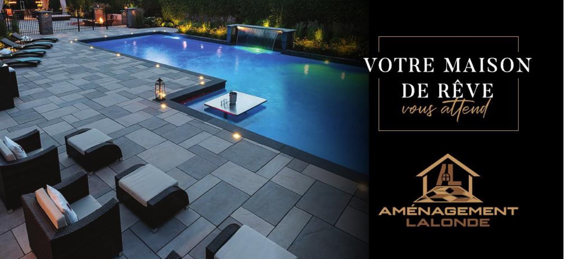 Aménagement Lalonde bilingual flyer over a finished pool and patio install