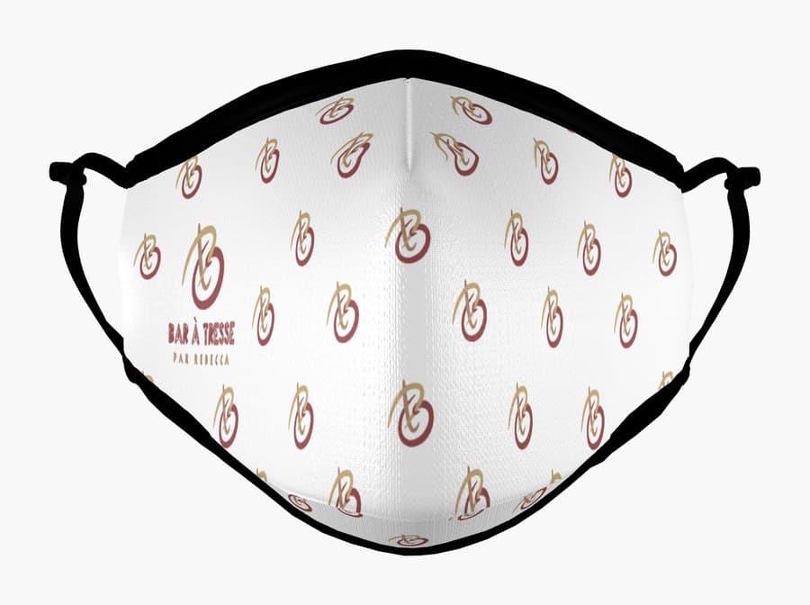 Branded face mask on model, front view