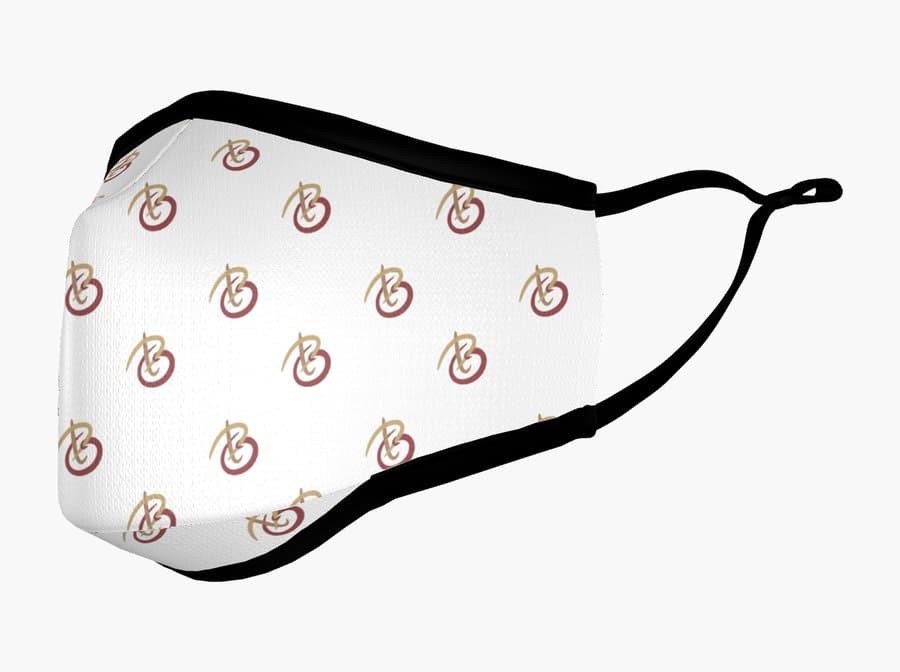 Branded face mask on model, side view