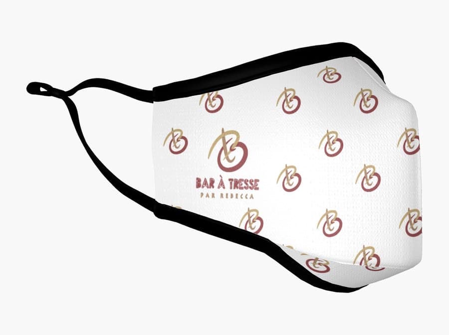 Branded face mask on model, opposite side view