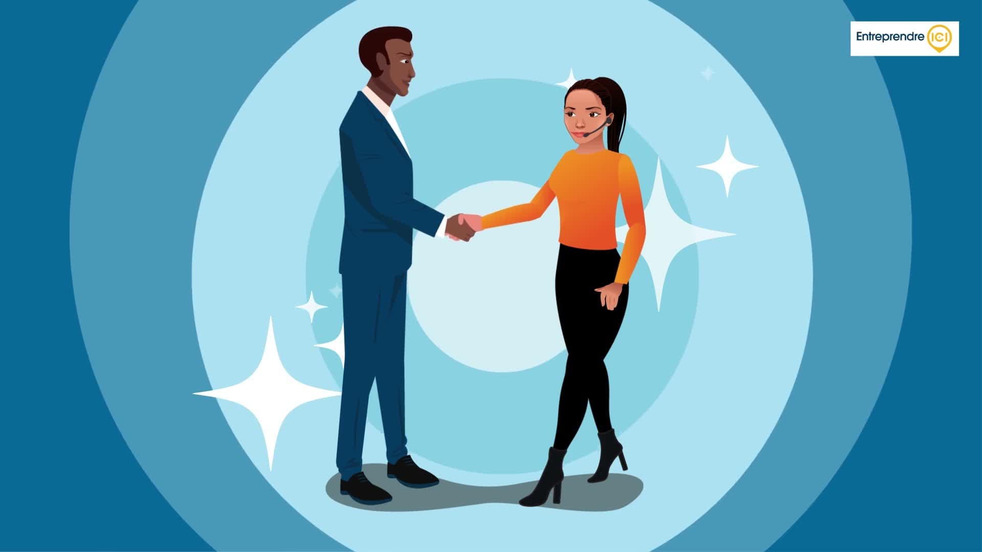 Explainer video still — closing handshake between an entrepreneur and their Entreprendre ici advisor