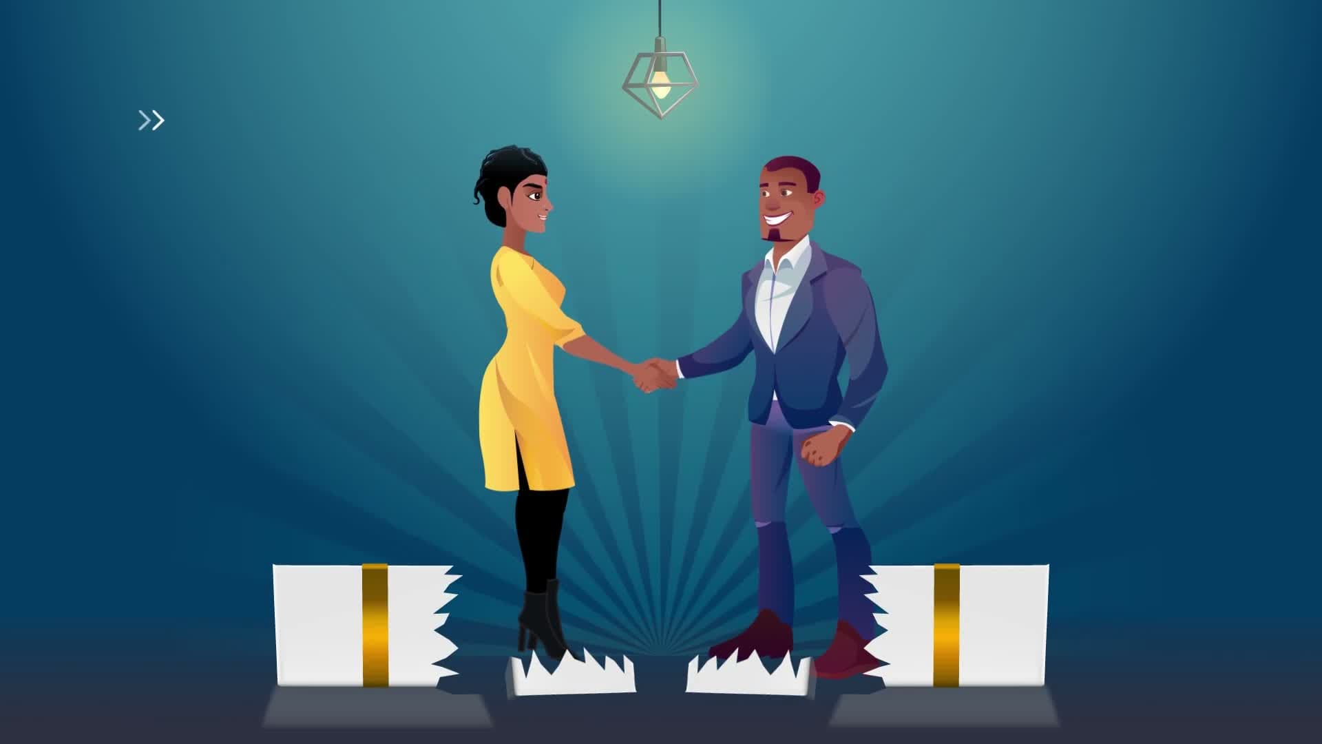 Explainer video still — handshake between an entrepreneur and their matched business expert after an eligibility check