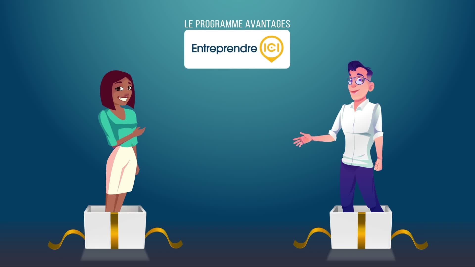 Explainer video still — 'Le Programme Avantages / Entreprendre ICI' title card introducing PAEICI