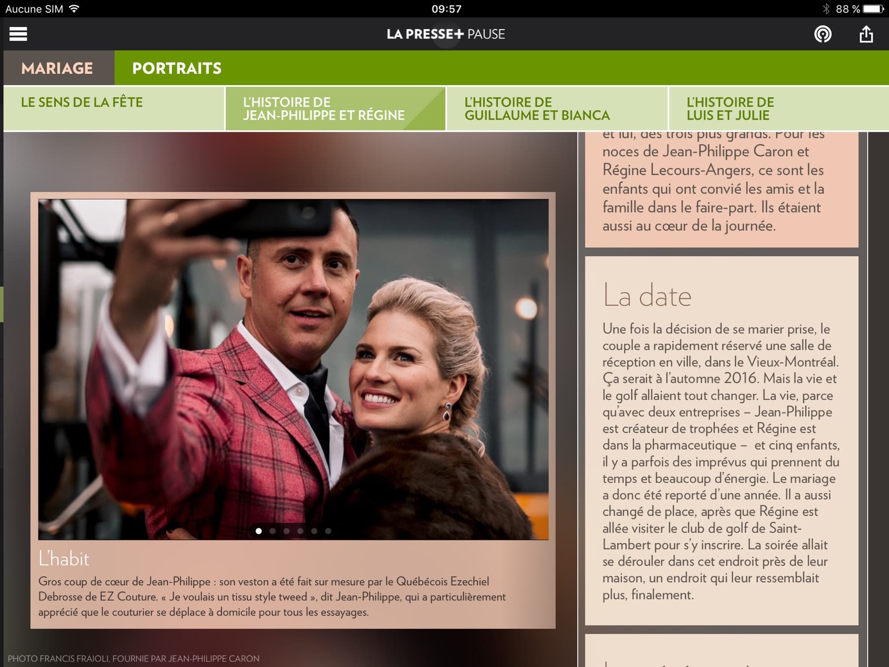 La Presse+ Pause wedding feature crediting EZ Couture for the groom's bespoke tweed jacket