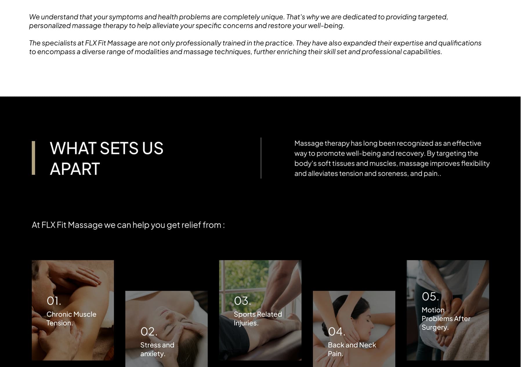 FLX Fit Massage website — benefits section