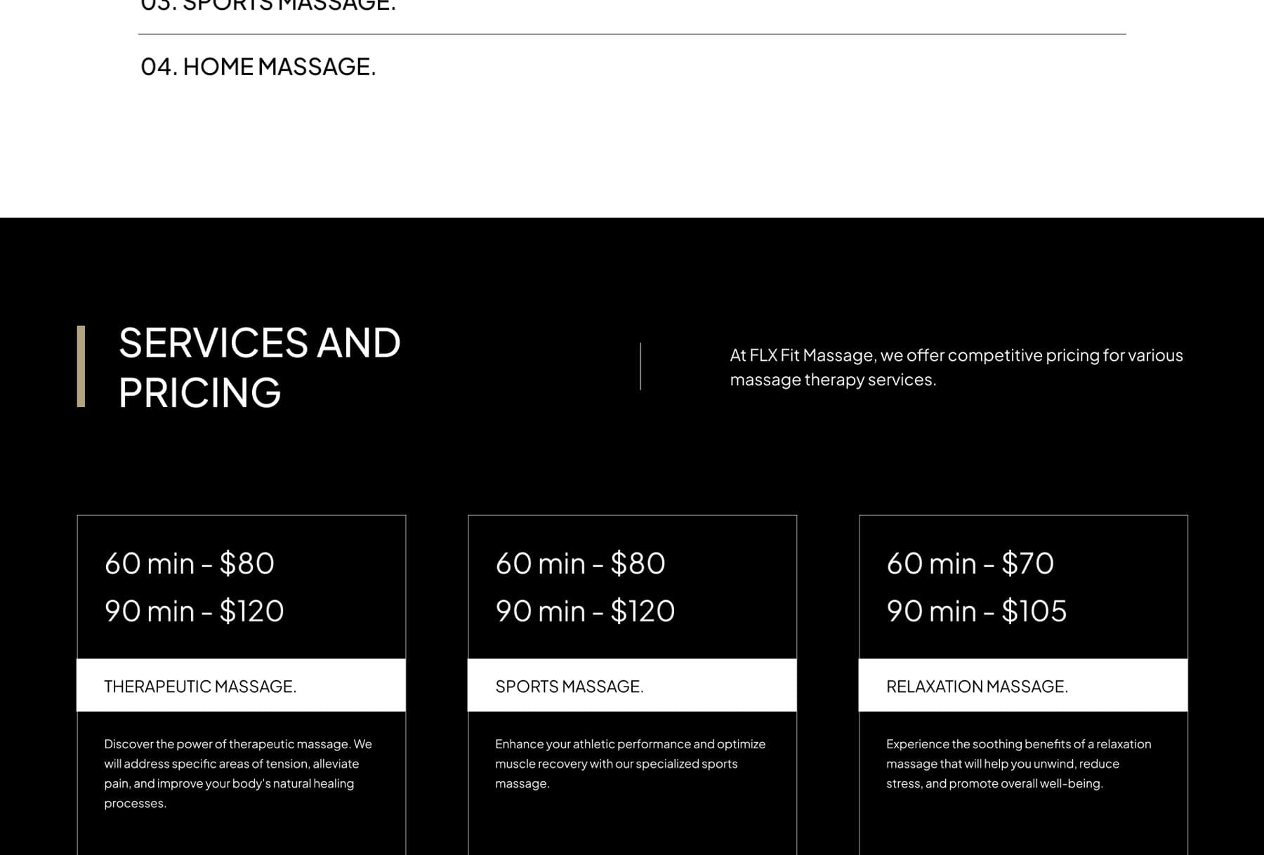 FLX Fit Massage website — services and pricing section