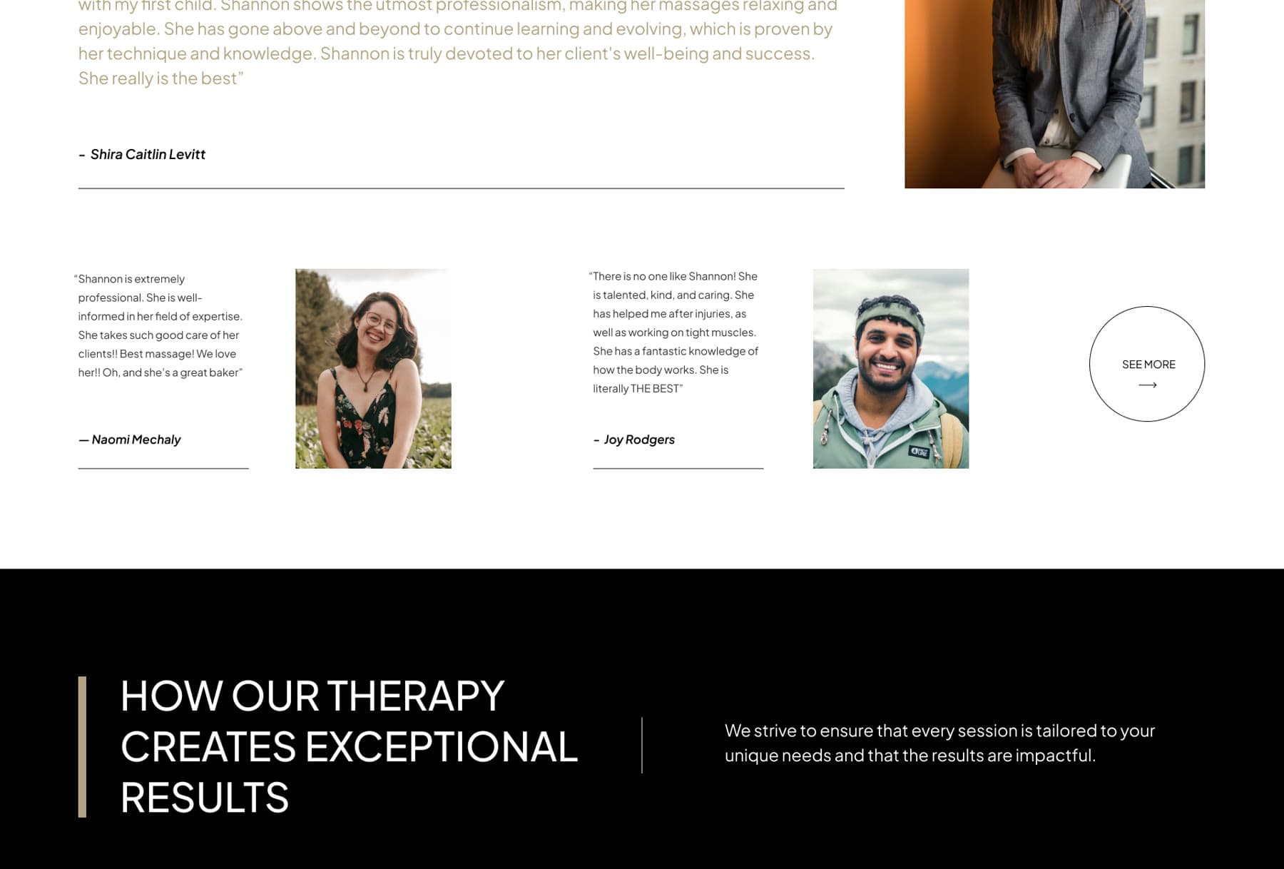 FLX Fit Massage website — client testimonials section