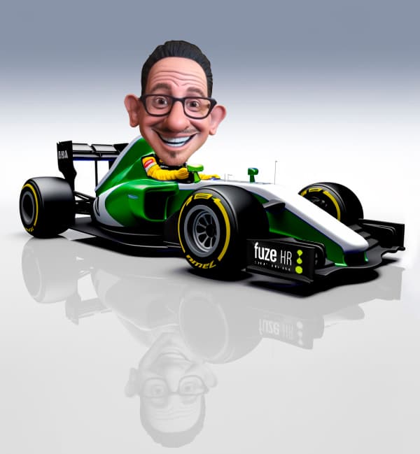 Illustrated staff portrait composited onto a fuze HR-branded Formula-style race car