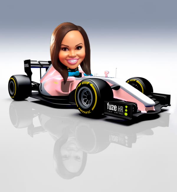 Illustrated staff caricature seated in a fuze HR-branded F1 race car render