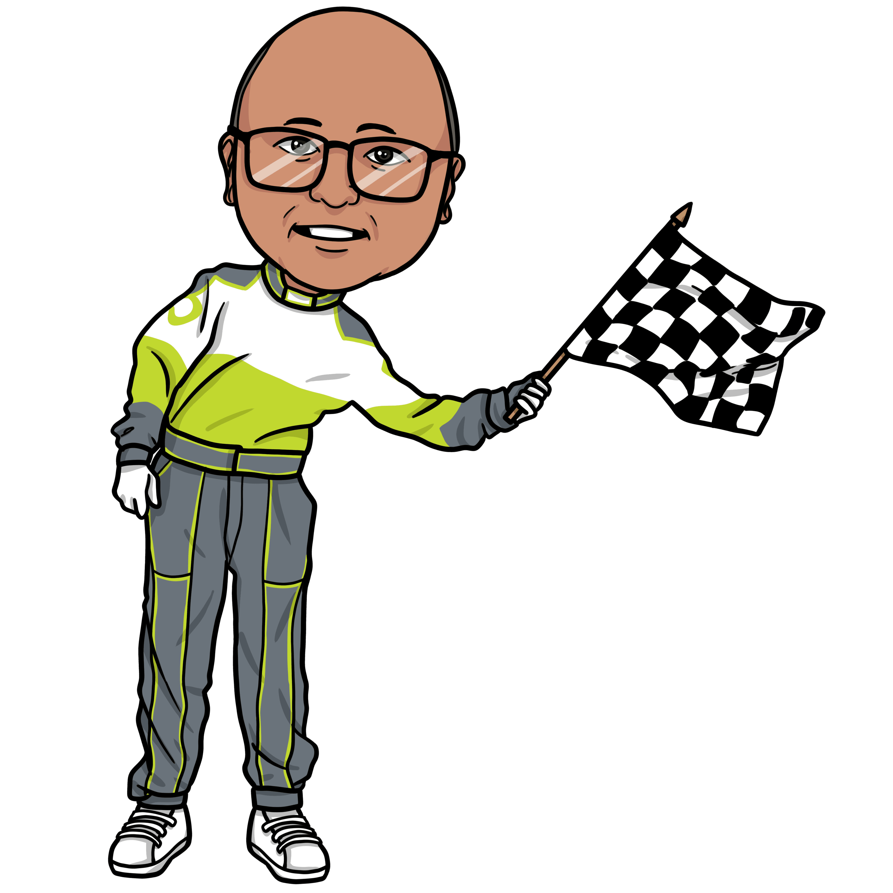 Full-body illustrated race-marshal character waving a checkered flag, Fuze HR campaign