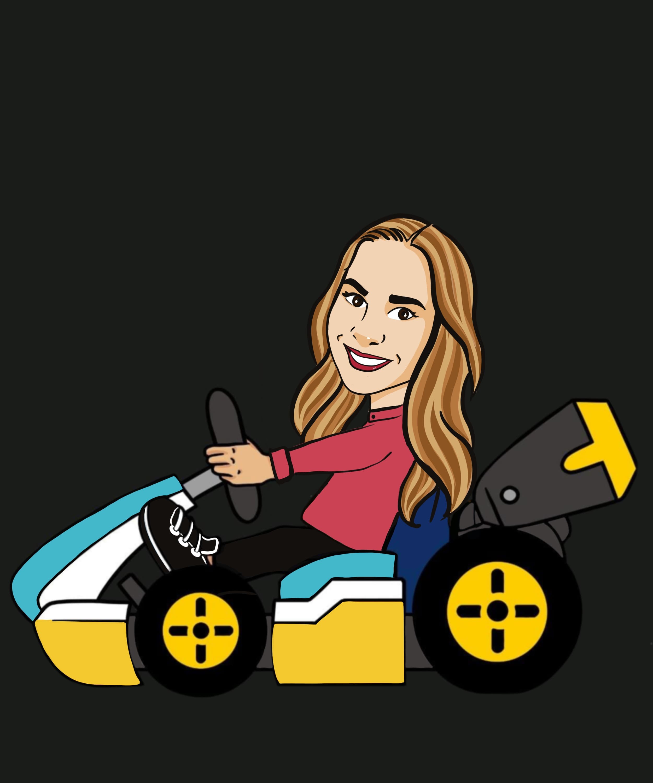Illustrated staff caricature driving a go-kart, Fuze HR racing-team campaign