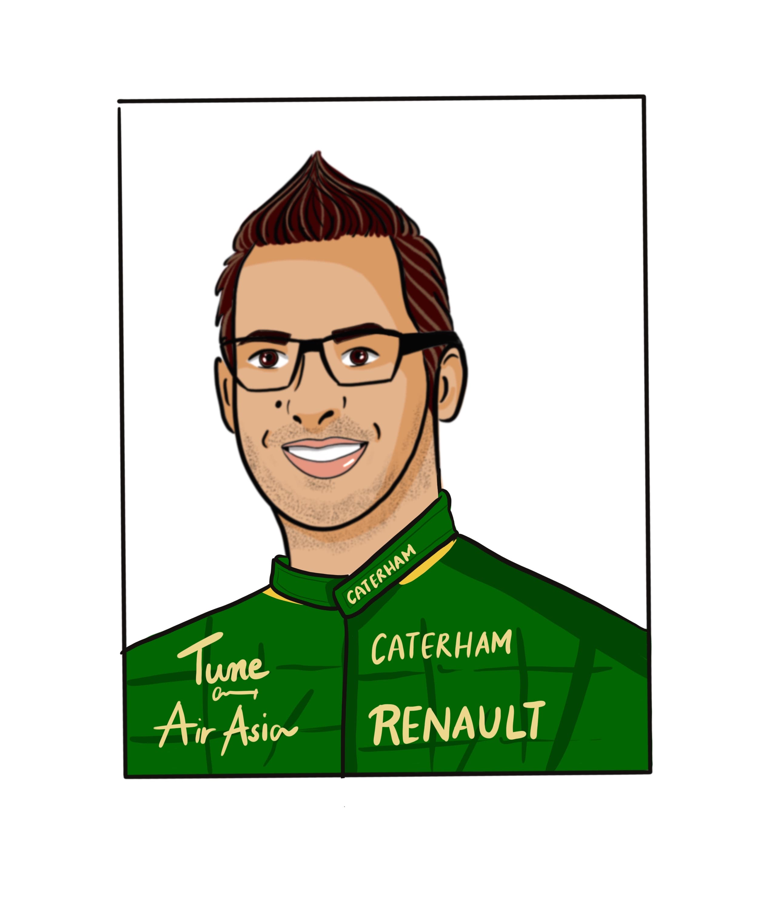 Illustrated F1-driver-style staff portrait in racing livery, Fuze HR recruitment team