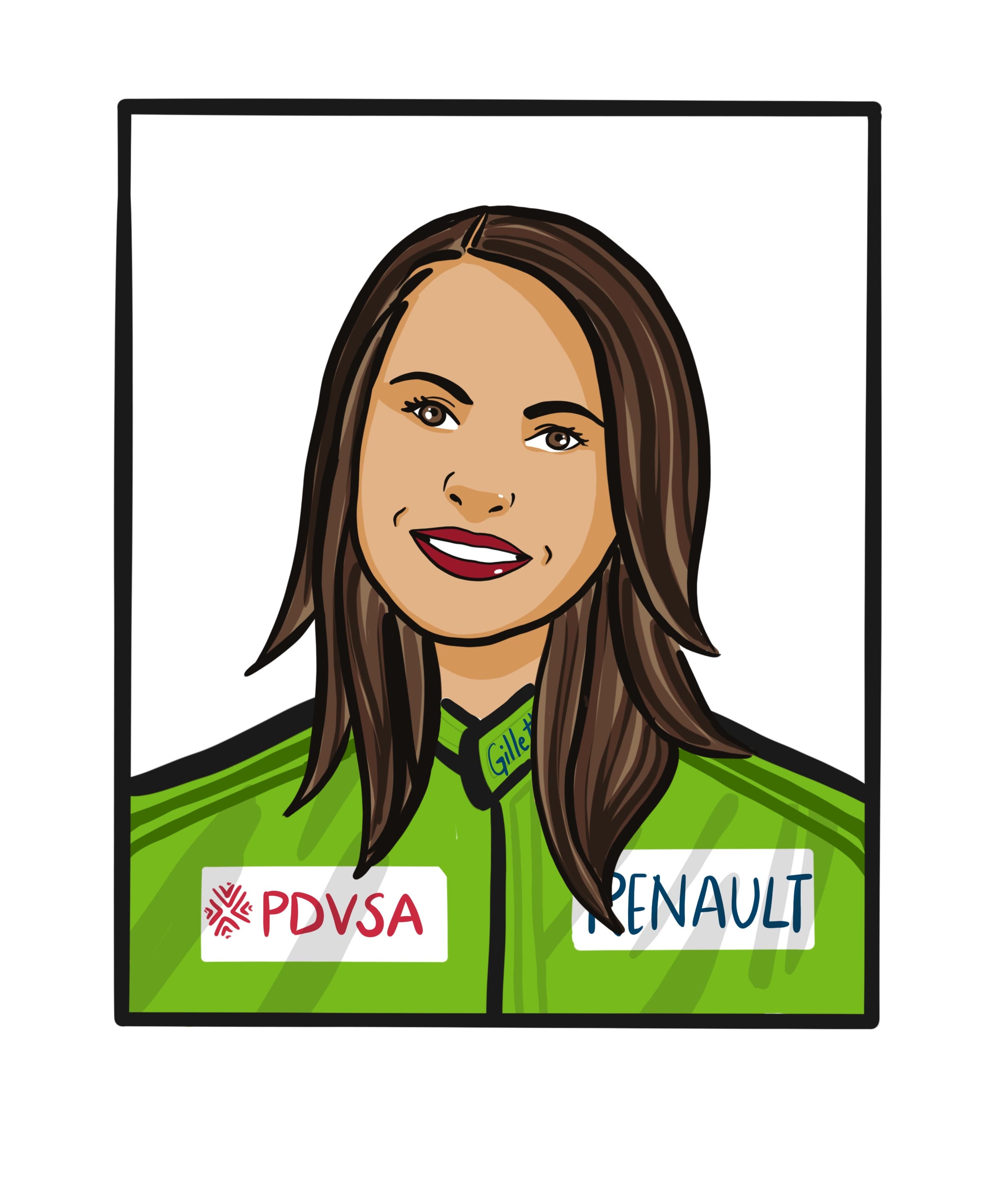 Hand-illustrated race-driver caricature portrait of a Fuze HR staff member