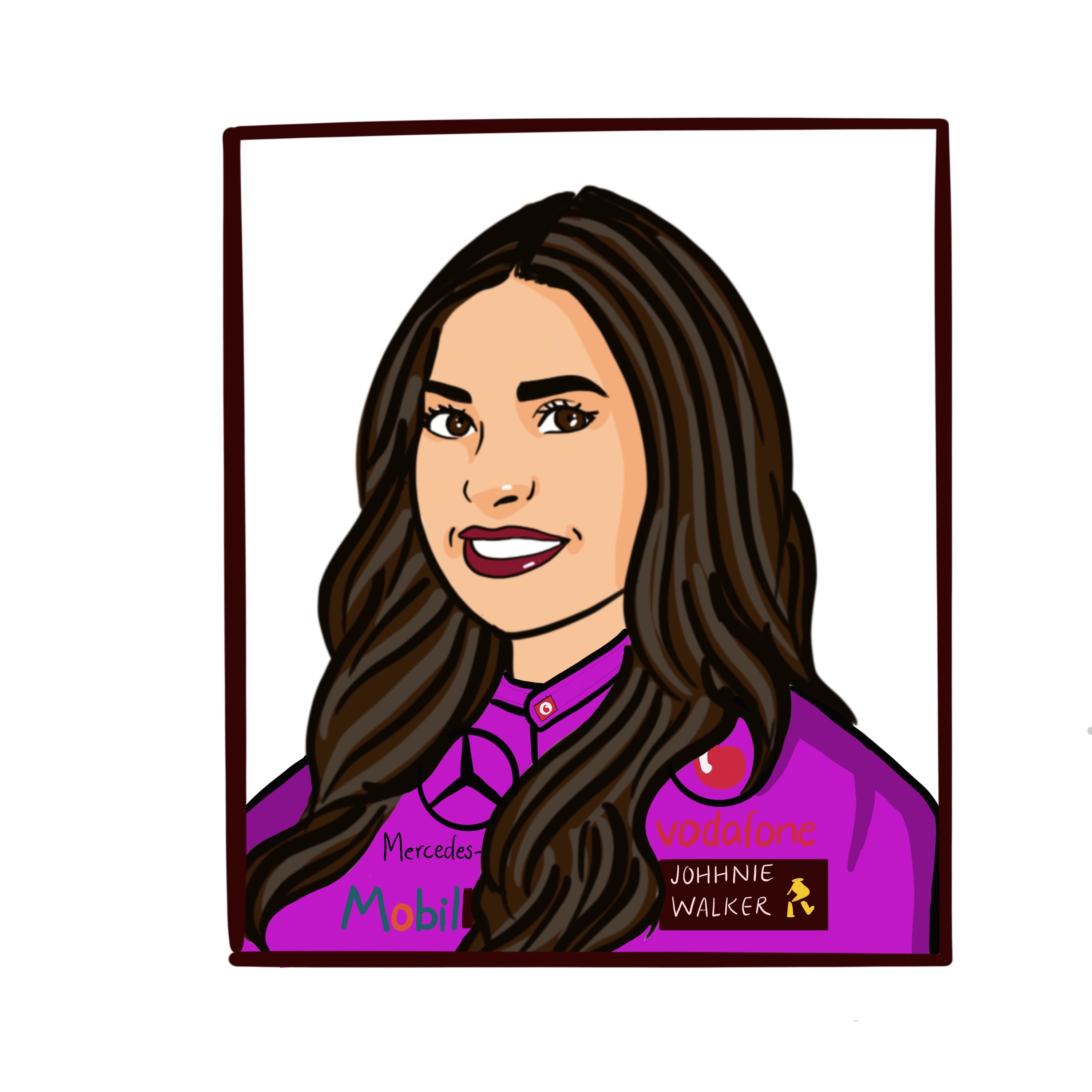 Illustrated racing-team staff portrait with sponsor-style logo detail, Fuze HR