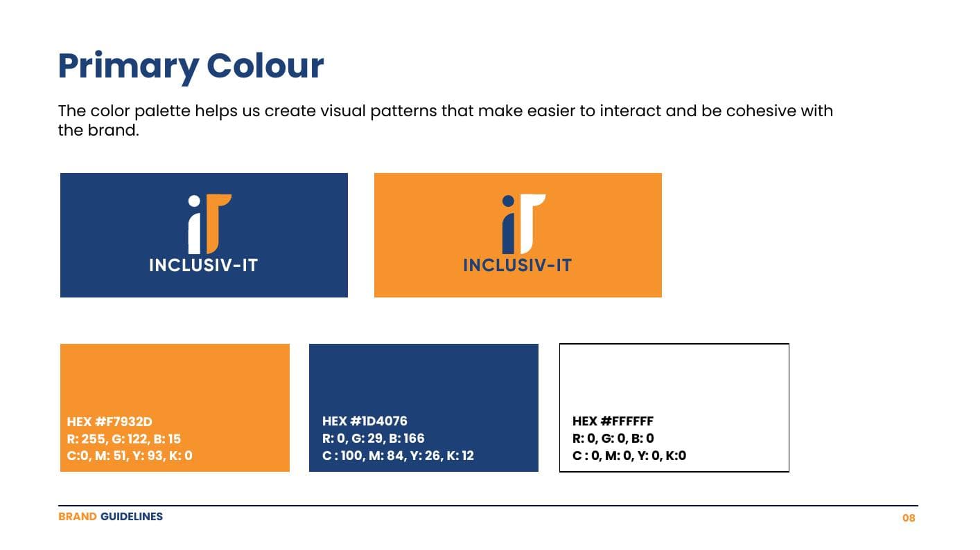 Inclusiv-IT brand guideline — primary color palette and hex codes