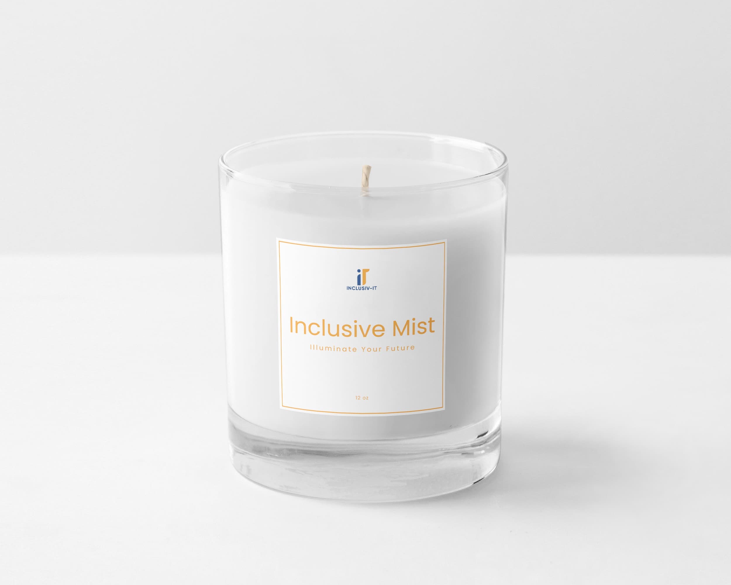 Inclusiv-IT branded candle merch, "Inclusive Mist"