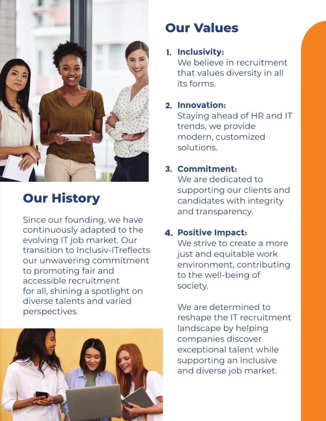 Inclusiv-IT service catalog — Our History and Our Values page