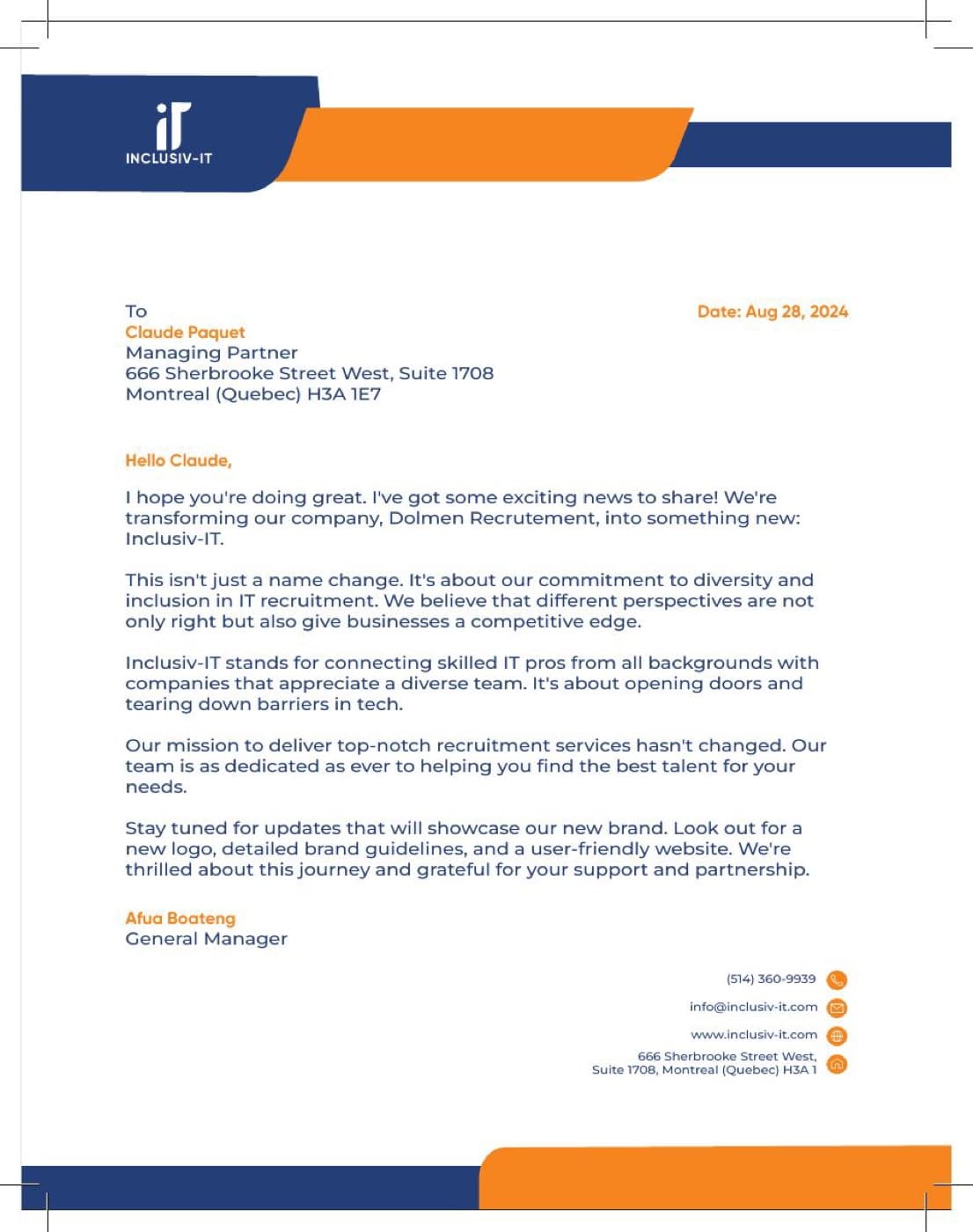 Inclusiv-IT letterhead — real rebrand announcement letter