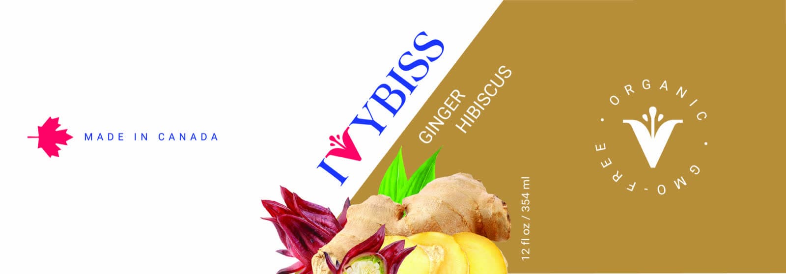 Ginger Hibiscus production label — print-ready 8.6×3 in sticker