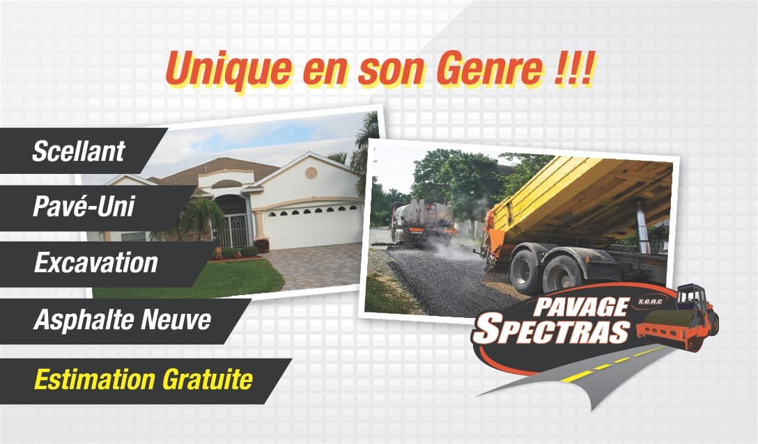 Pavage Spectras promotional card — real paving and landscaping work
