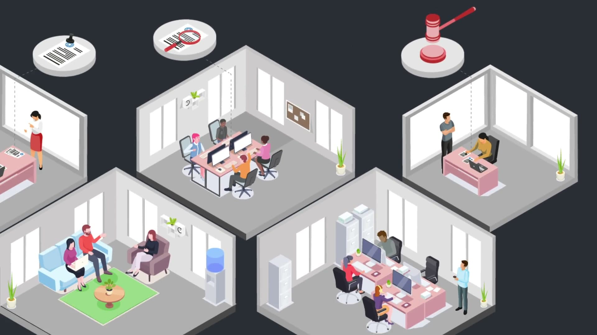 Explainer video still — isometric cutaway of the ADRS team handling paperwork, research, and notary steps