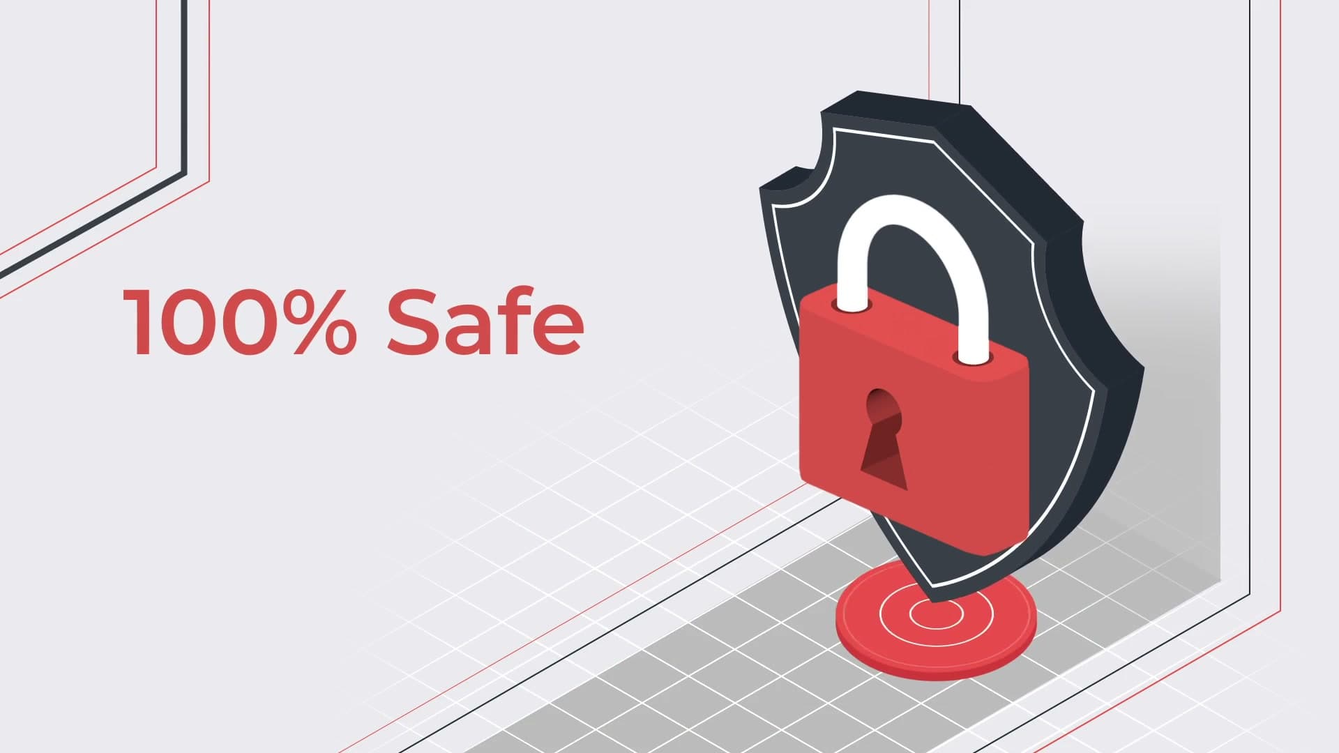 Explainer video still — '100% Safe' shield-and-lock graphic from the transaction-security scene