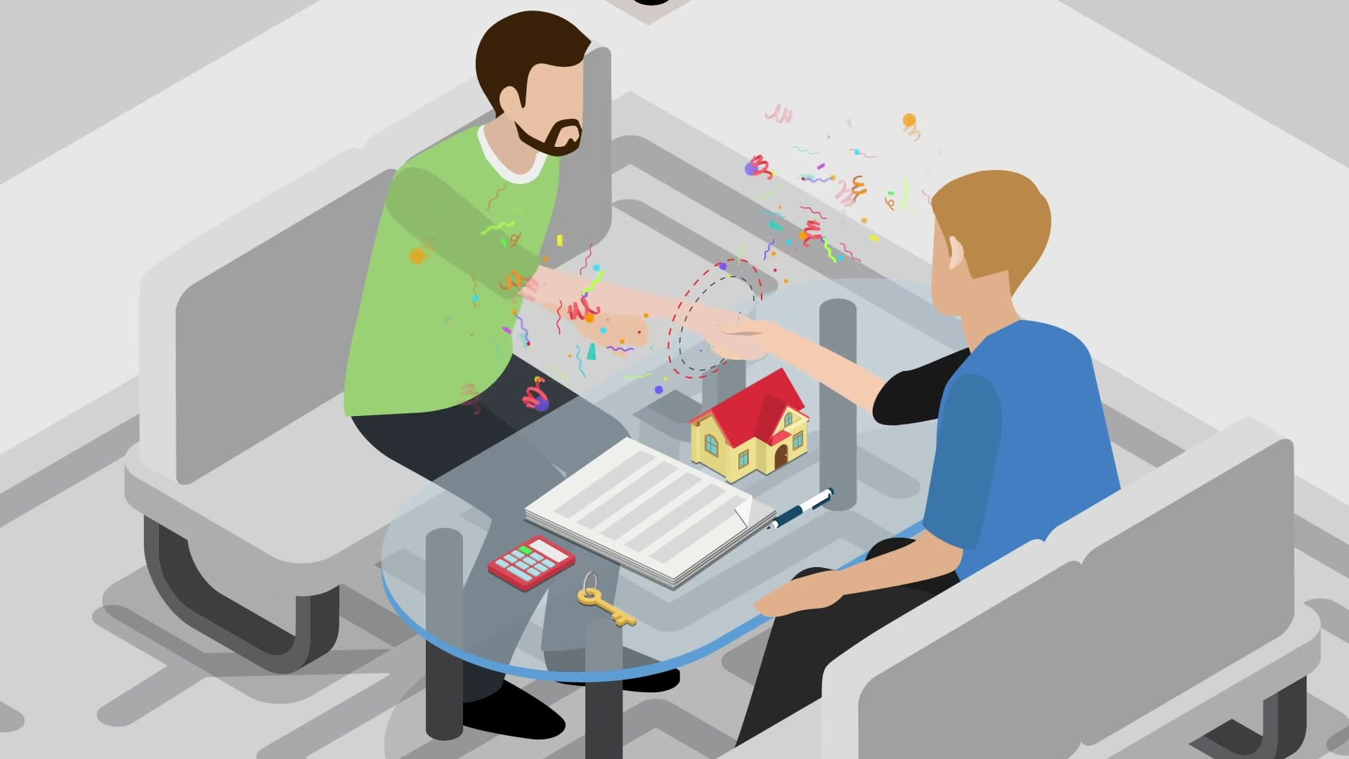 Explainer video still — closing handshake with confetti, house model, and signed contract