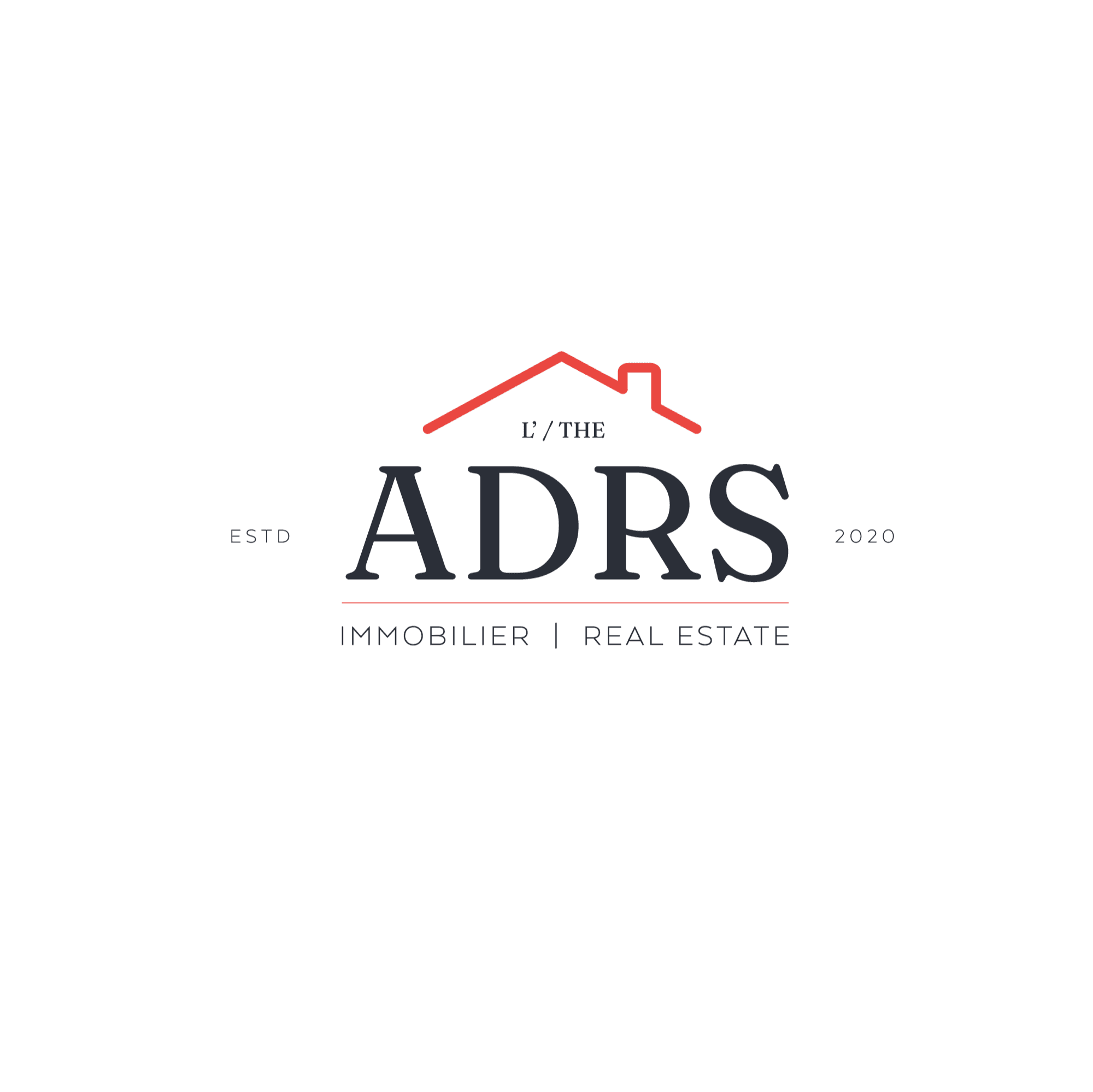 L'ADRS bilingual logo lockup — 'L'/THE ADRS' wordmark with roofline mark and 'Immobilier | Real Estate' tagline