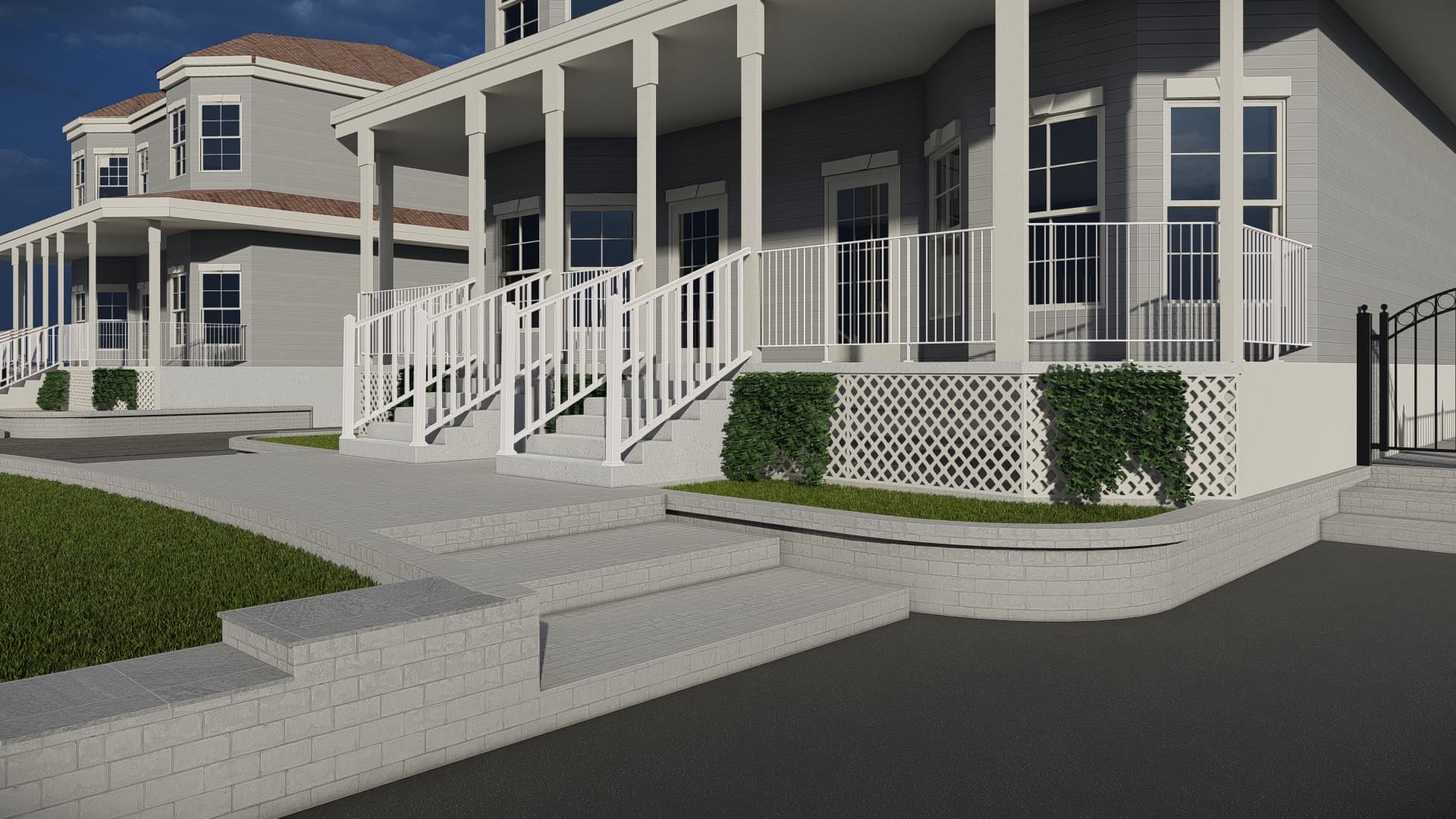 Photorealistic 3D rendering close-up of the proposed driveway and walkway paving