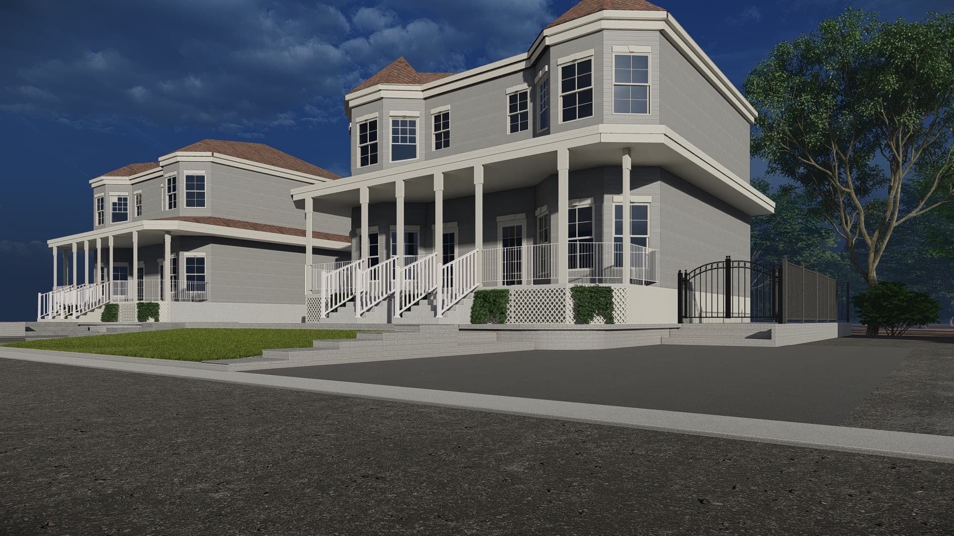 Photorealistic 3D rendering of the same driveway and porch with the proposed paving design
