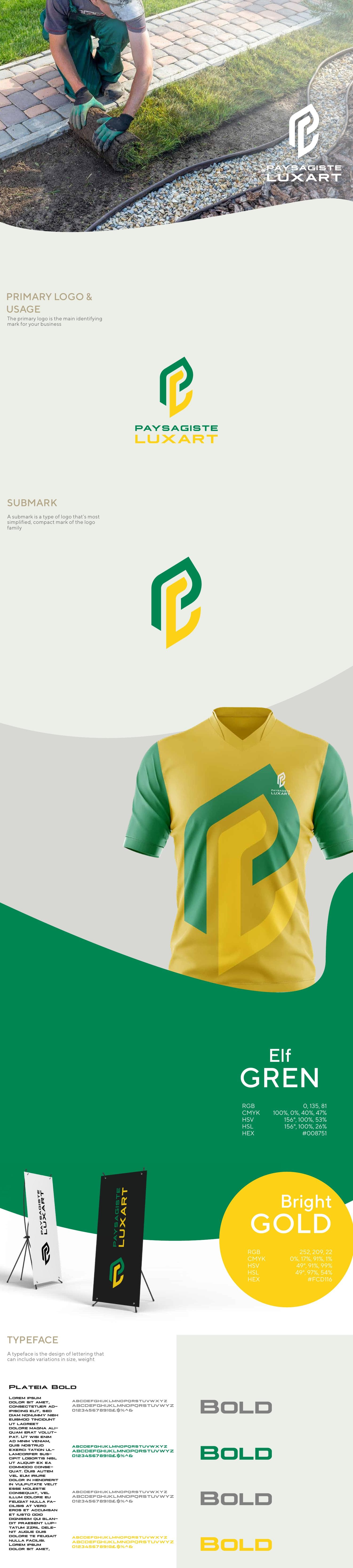 Delivered brand board — primary logo, submark, jersey, color spec, typeface