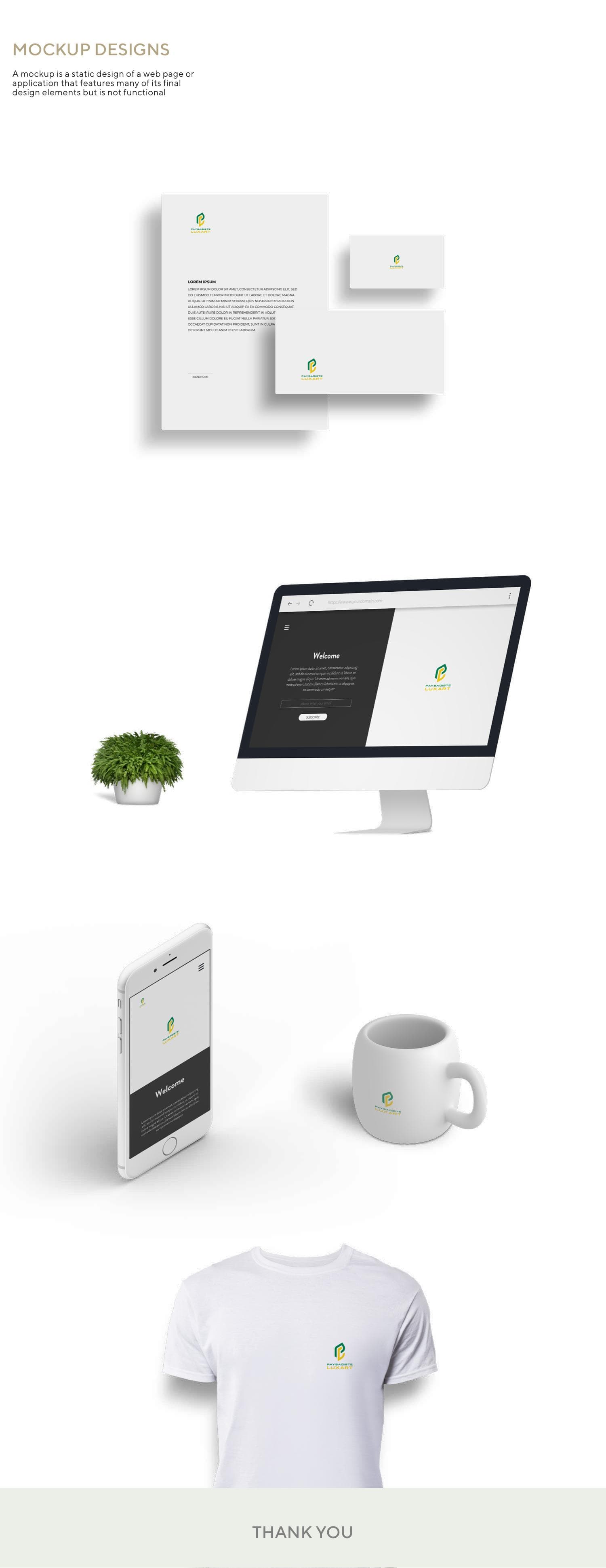 Mockup board — stationery, website, mobile, and apparel applications