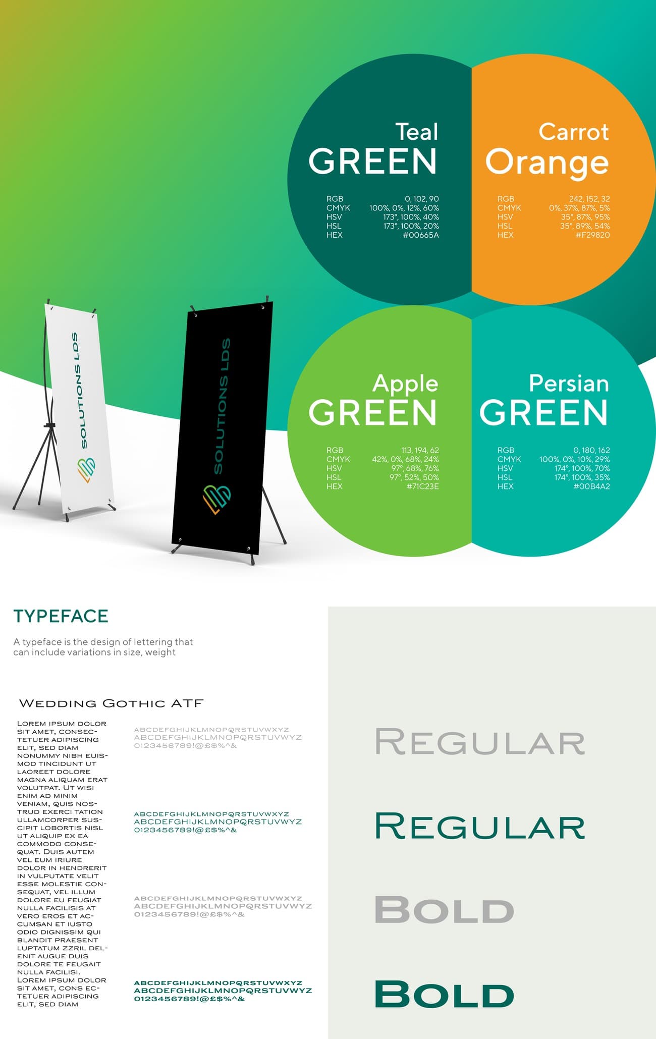 Solutions LDS brand guideline — 4-color palette with full spec and Wedding Gothic ATF typeface