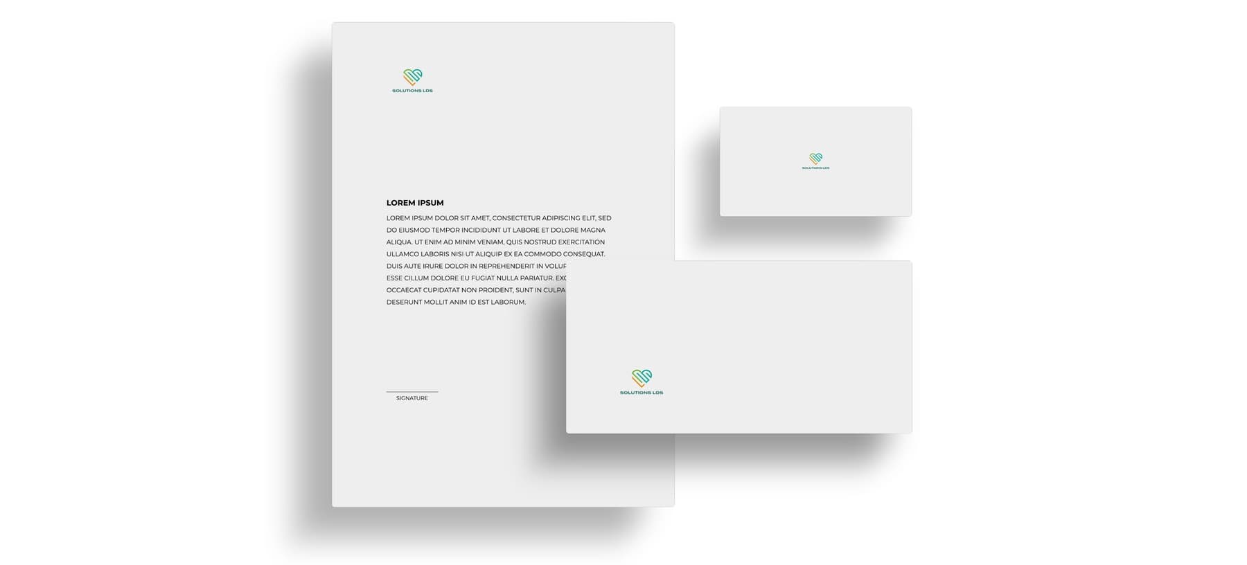Solutions LDS letterhead and business card mockup