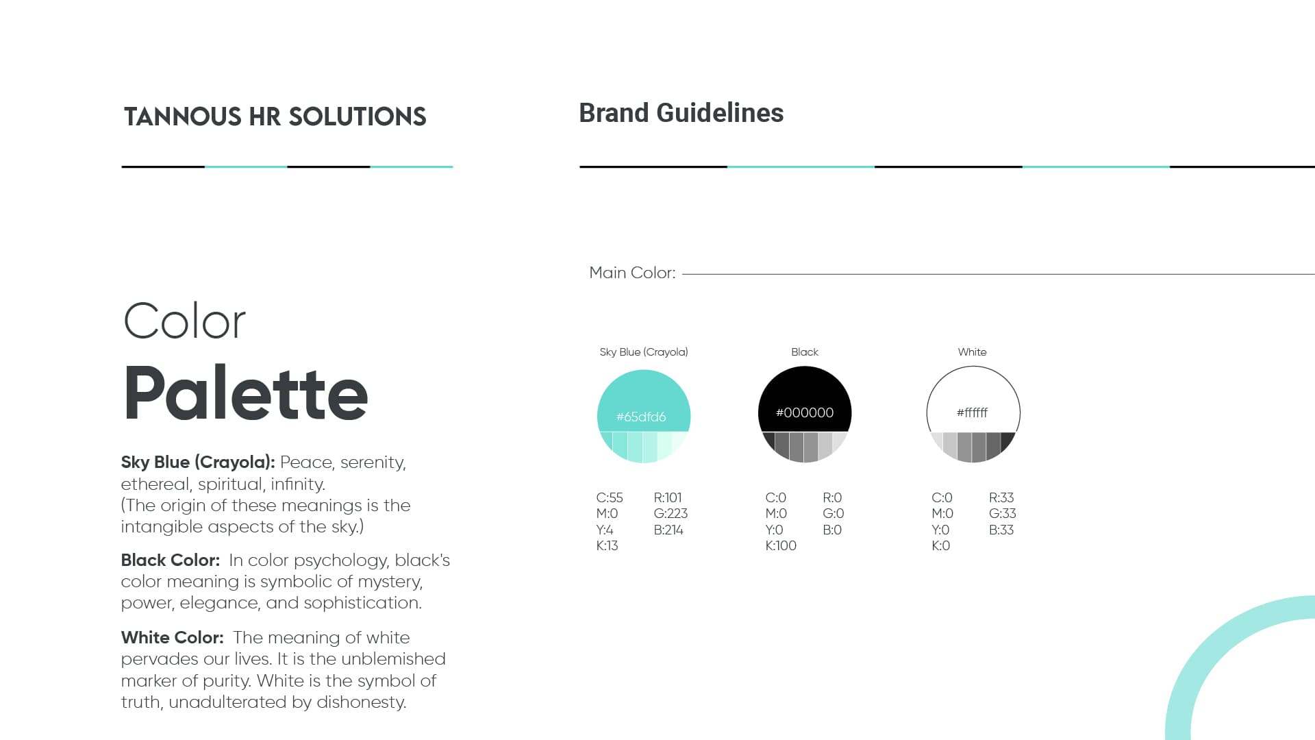 Tannous HR Solutions brand guideline — color palette with CMYK/RGB specs
