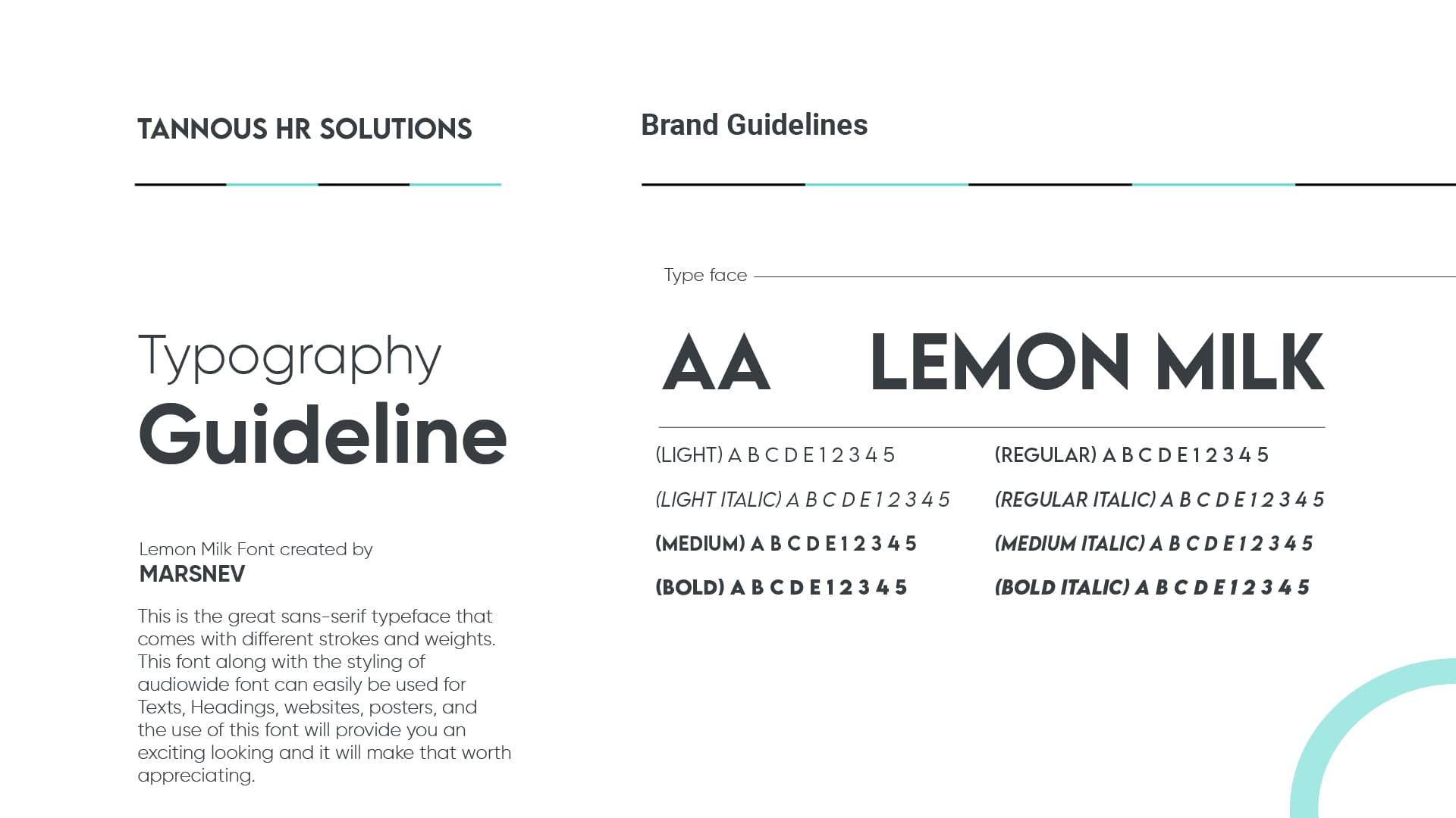 Tannous HR Solutions brand guideline — Lemon Milk typography system