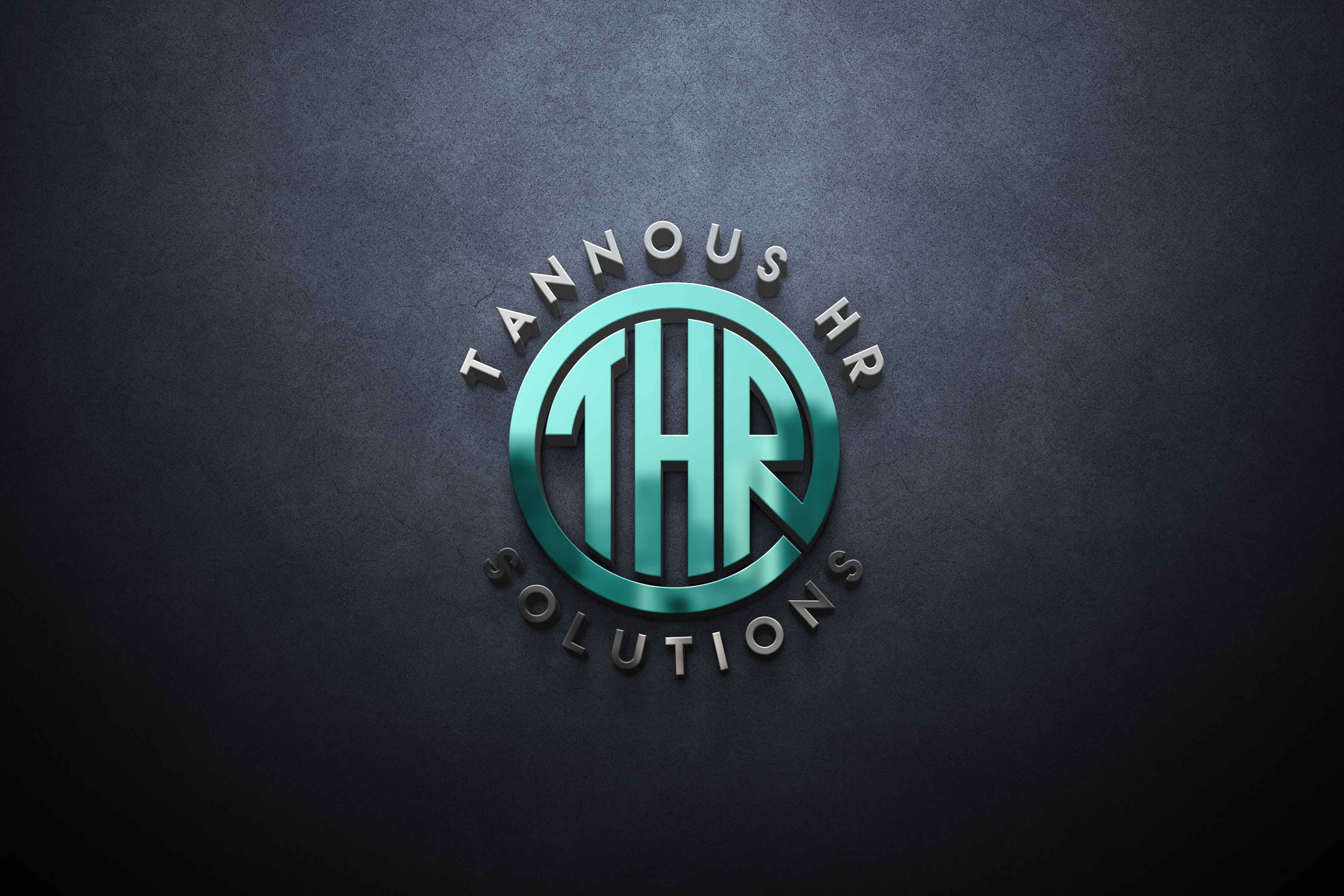Tannous HR Solutions logo — polished metallic wall-sign mockup