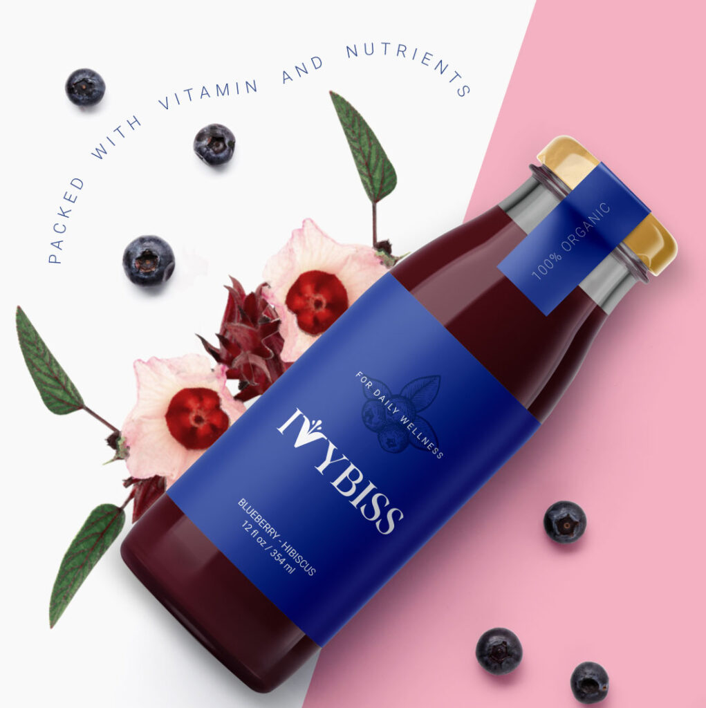 Brand Identity Design for Ivybiss Beverage Company - Blueberry Hibiscus Bottle
